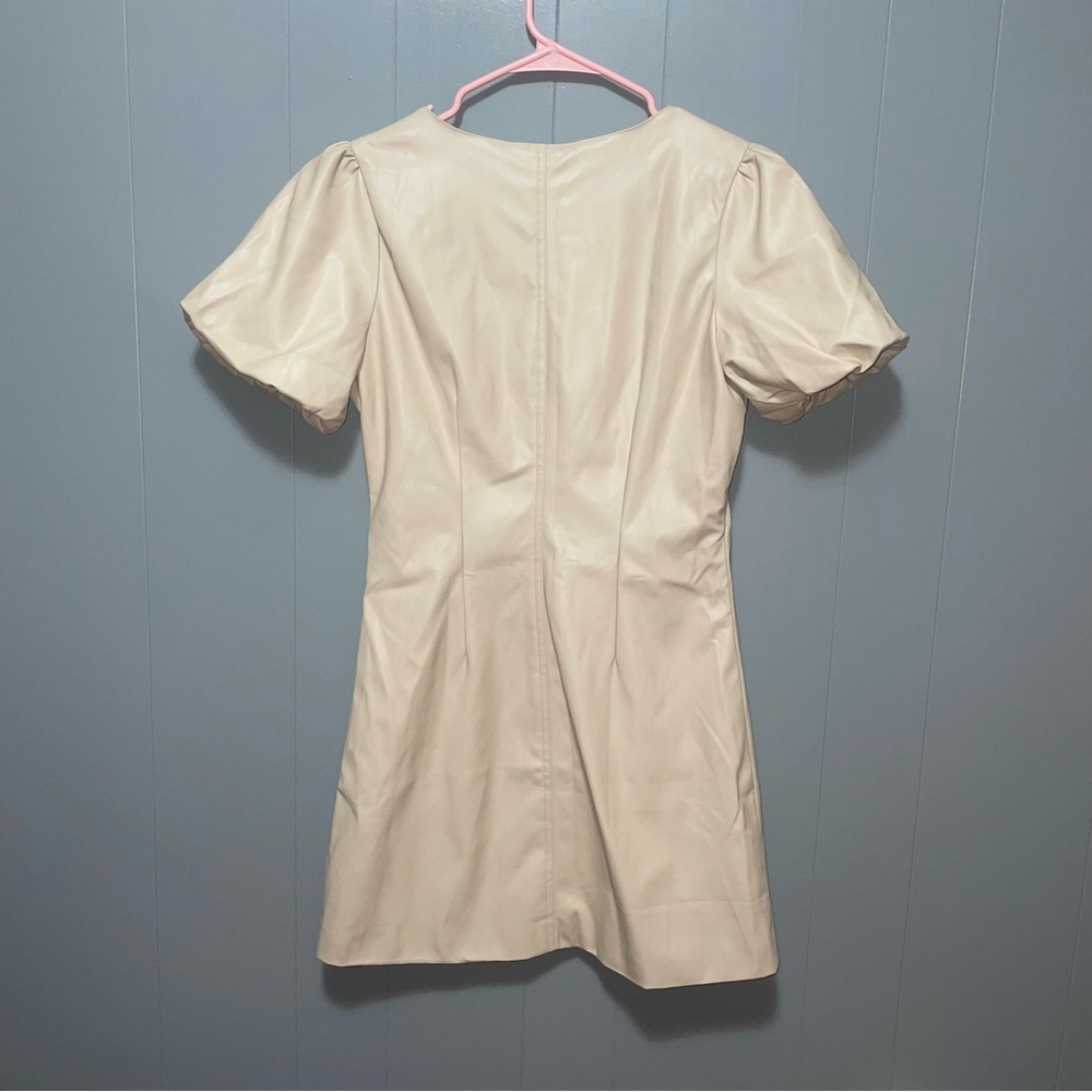 Lulus NWT Aiming to Achieve Beige Vegan Leather Puff Sleeve Mini Dress Medium - Picture 11 of 11